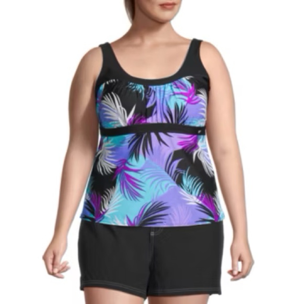 Zeroxposur Women’s Tropical Print Tankini SwimTop in Black, Purple & Teal 2X(20)
